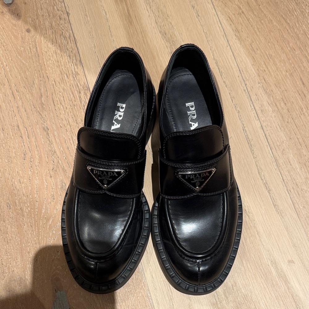 Prada womens Black Leather Loafers